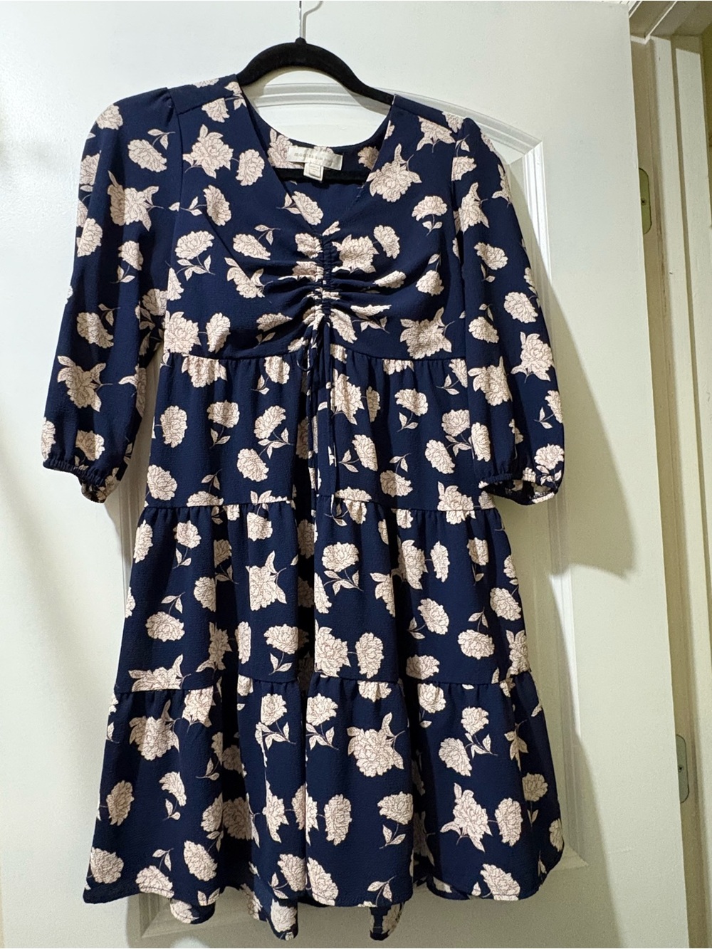 Women’s Navy Blue Floral Tiered Dress with Cream Blooms